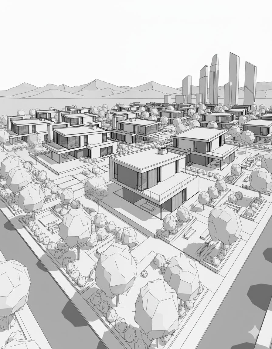 Ilustración arquitectónica de desarrollo residencial moderno